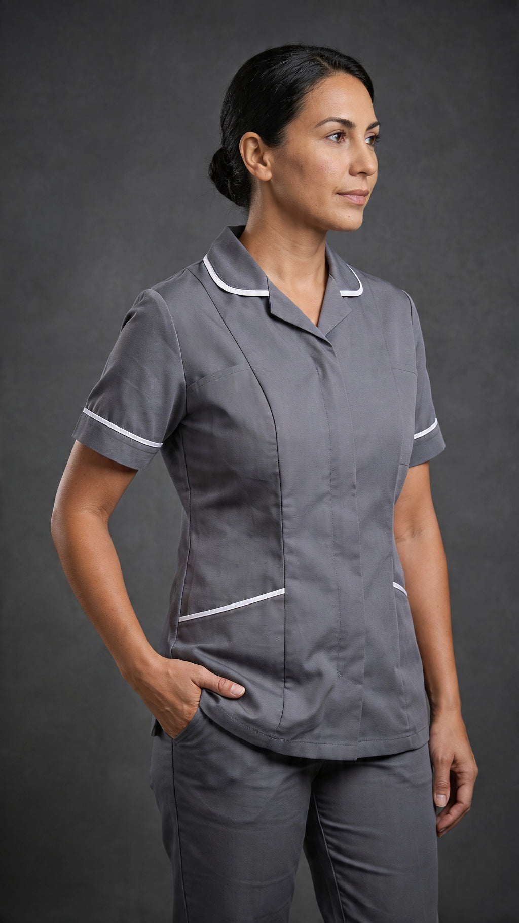 Women's Storm Grey Healthcare Tunic with White Trim – Professional Medical Uniform Top