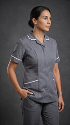 Women's Storm Grey Healthcare Tunic with White Trim – Professional Medical Uniform Top